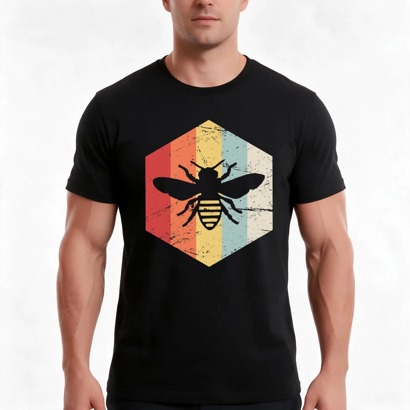 Retro 70s Beekeeper Bee Hexagon T-Shirt, Summer Casual Cotton Tee, Oversized Streetwear Tops, Vintage Graphic Print, 100% Cotton