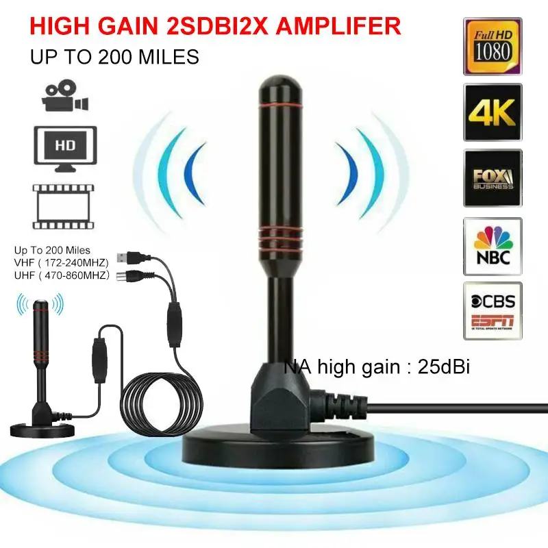 Portable HD Digital TV Antenna Indoor Outdoor Amplified DAB Antenna 200 Miles Ultra HDTV With Magnetic Base Aerial Set Smart TV