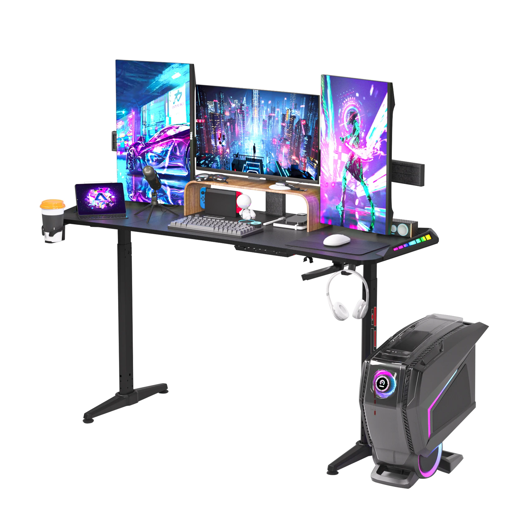 Mesa ajustável em altura, mesa de jogos, mesa grande para computadores, luzes LED RGB para jogos e home office, preto