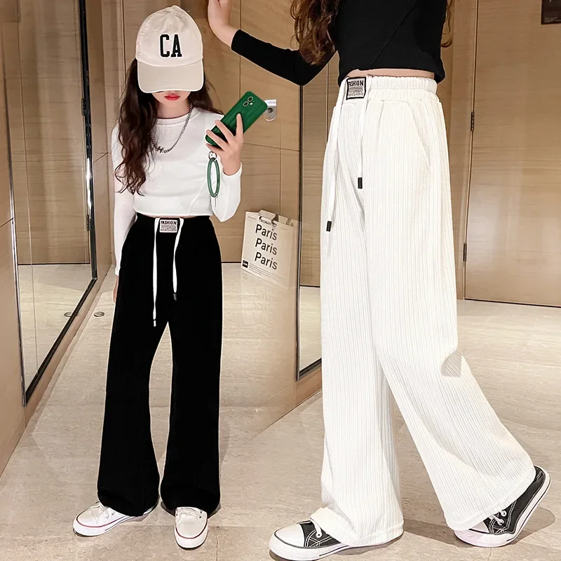 Teenage Girls Spring Vertical Chenille Wide-leg Pants Thin Loose Straight Trousers for Kids 2025 New Fashion Children Pants