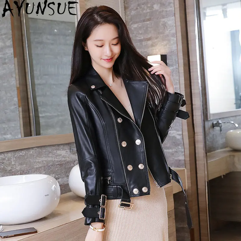 AYUNSUE ของแท้ Sheepskin เสื้อผ้าผู้หญิง2023ใหม่ฤดูใบไม้ผลิจริงหนัง Coat Slim รถจักรยานยนต์แจ็คเก็ตหนัง Chaqueta Mujer