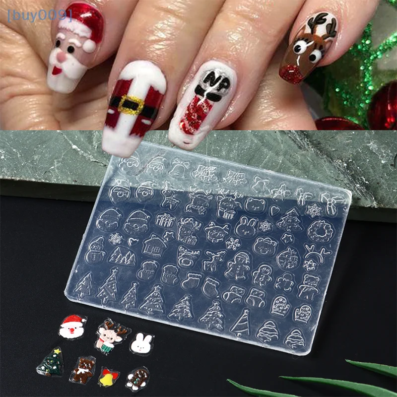 【buy009】Santa Claus Snowman Winter Snowflakes Christmas Tree Design Christmas Nail Accessory Manicure Silicone Carving Mould D