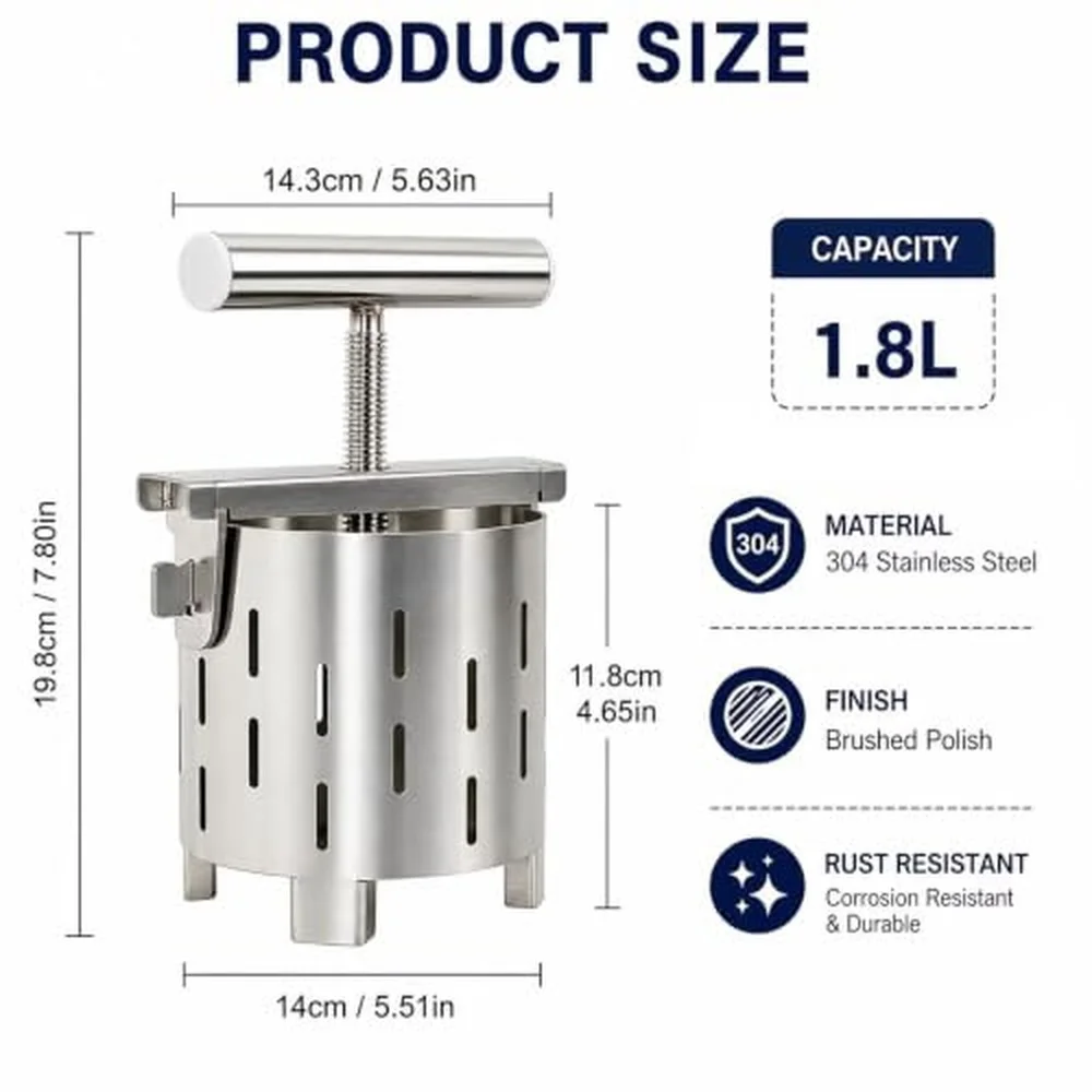 Manual Juicer Fruit Press 1.8L Stainless Steel Juice Squeezer with T Handle