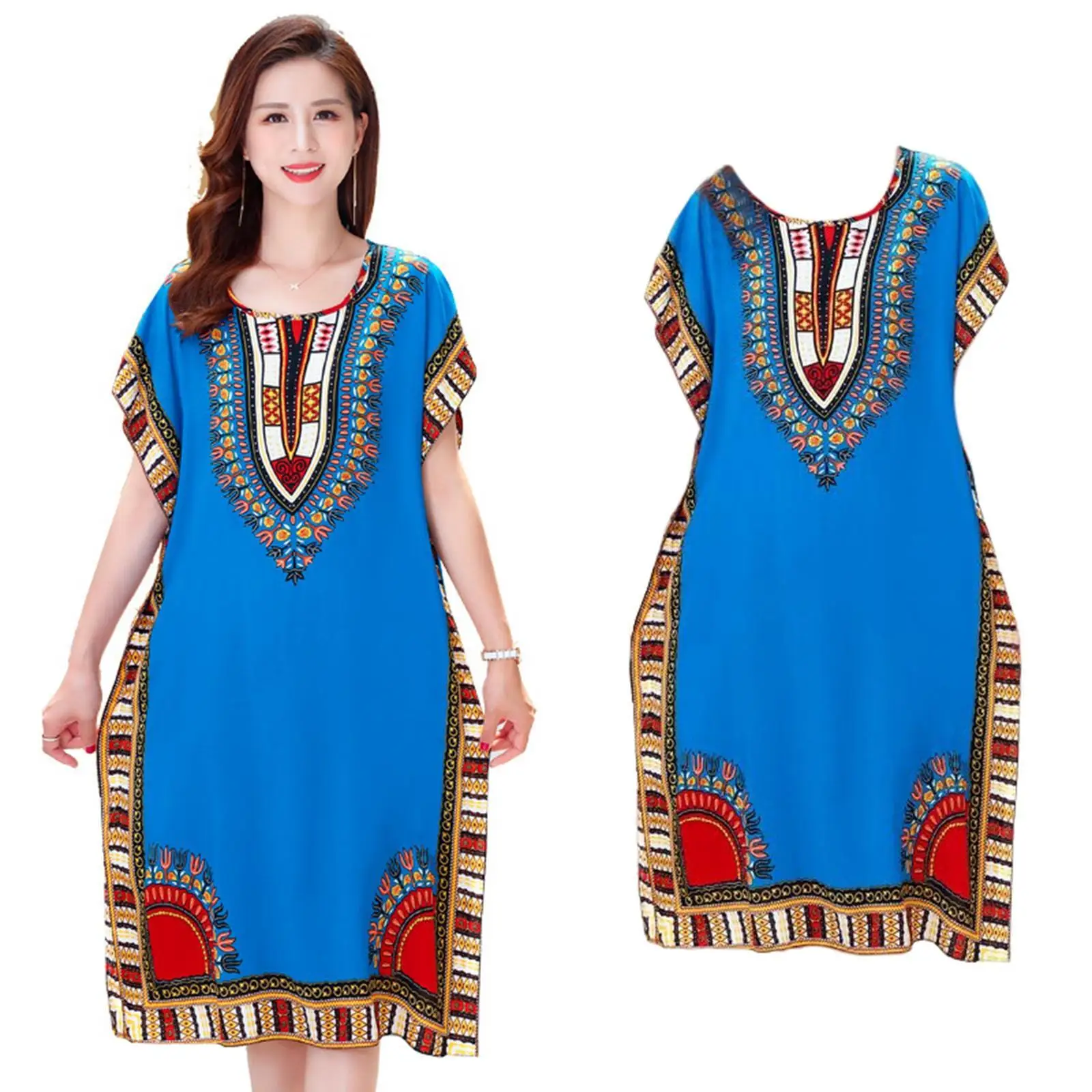 レディース ファッション ビーチ ホリデー ドレス ボヘミアン エレガント エスニック ドレス ルーズ チュニック ブルー