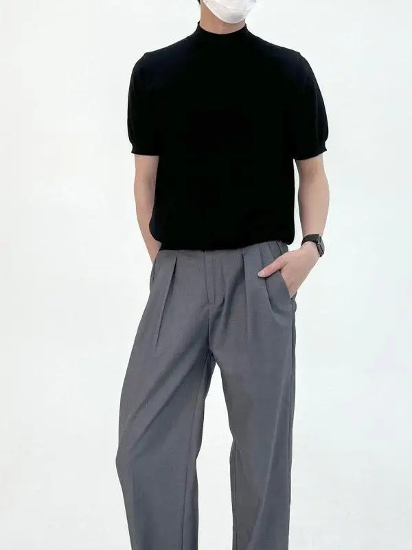 

Loose Fit f High Collar Color Knitted ort Sve Mixed Fiber T-irt Casual Breathable Loose Sle Bot irt