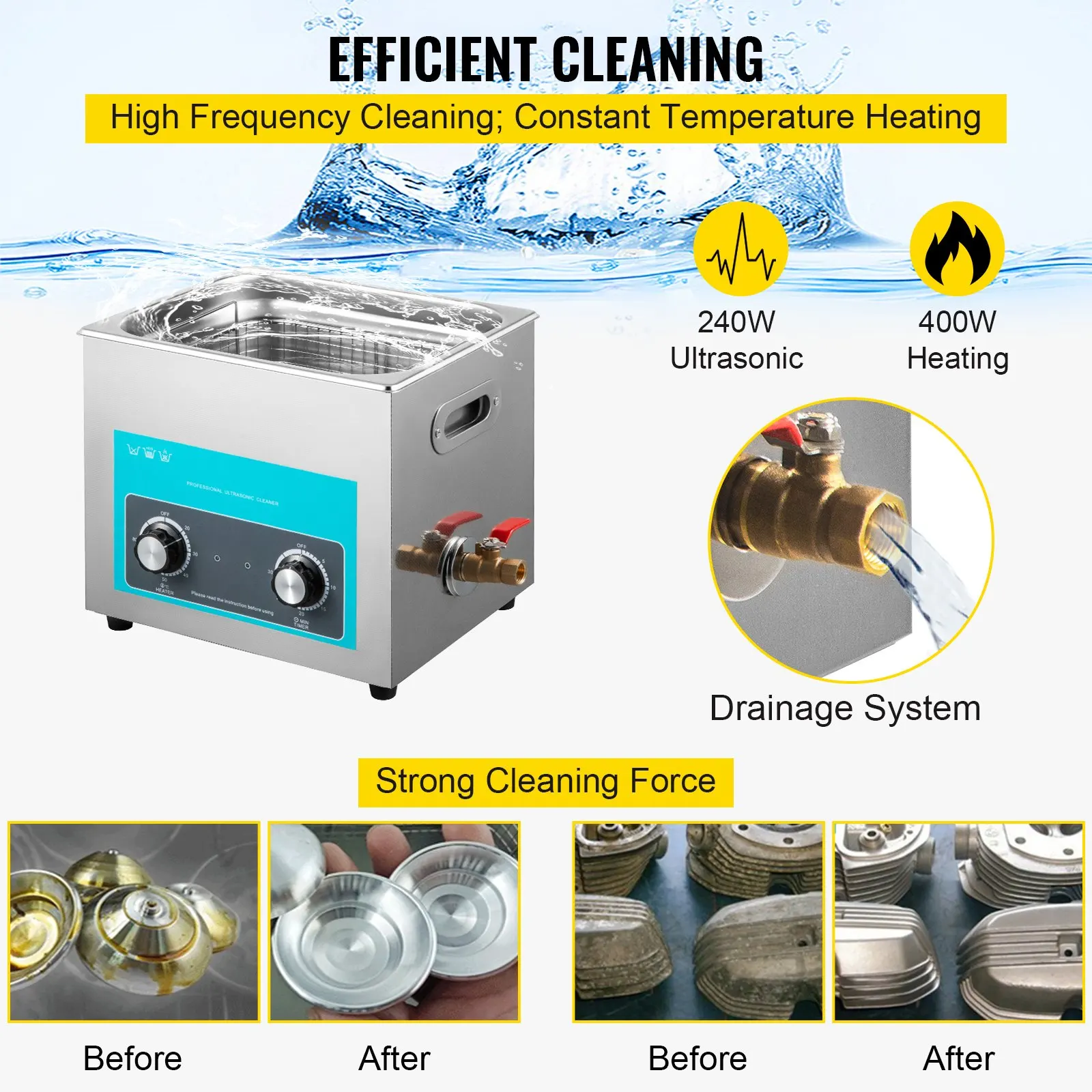 10L Ultrasonic Cleaner With Heater Stainless Steel Knob Control Heating Power 400W Ultrasonic Cleaning Machine  Jewelry Eyeglass