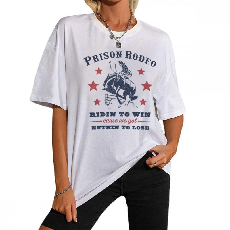 Prison Rodeo T-Shirt Women Three Cherub Funny Women Stylish Letter Print Summer Cotton Short Sleeve Tees