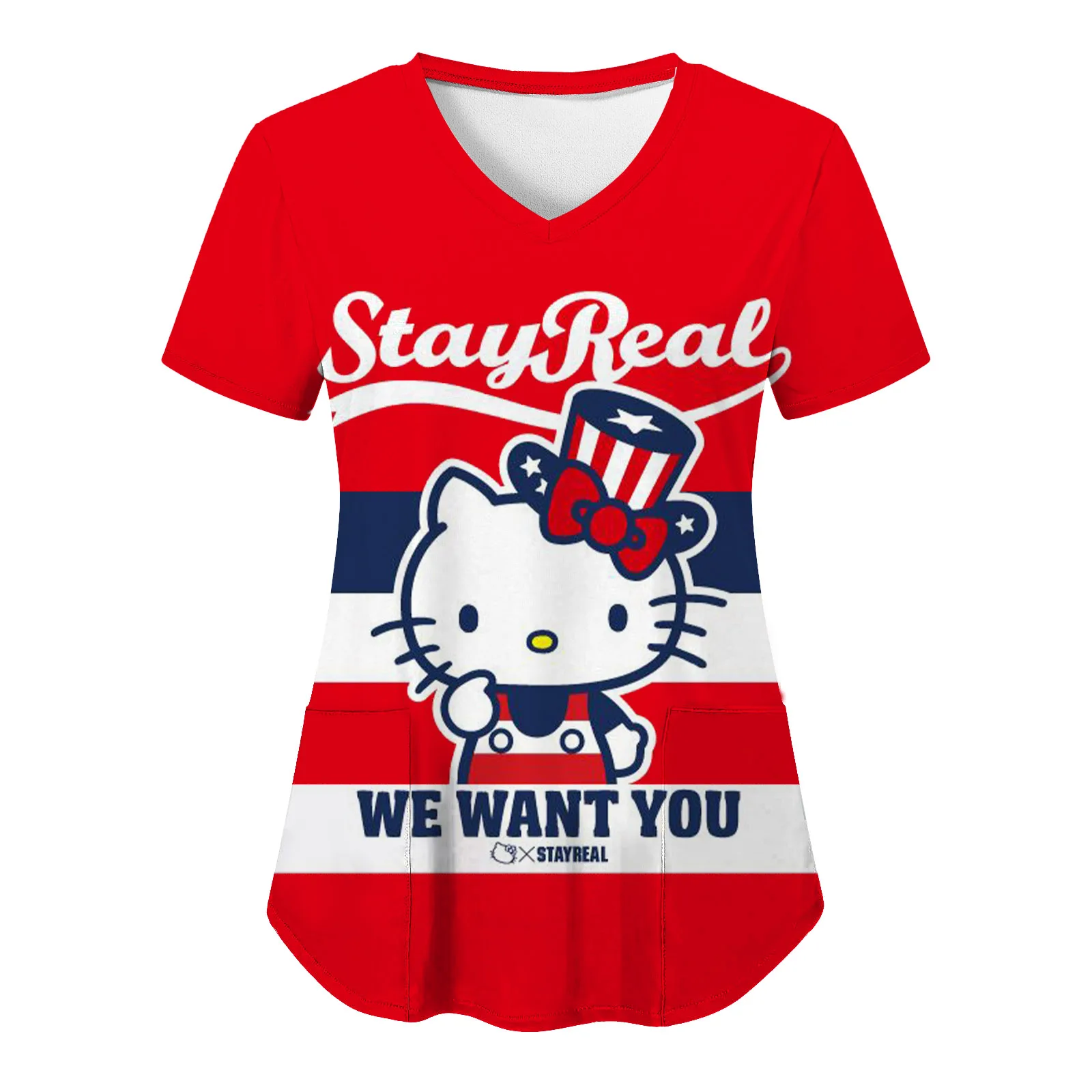 

Sanrio Woman Nurse Uniform Hello Kitty Top Women T-shir T Shirt V Neck Short Sleeve 3D Print Pocket Fashion Hospital Trendy Neck