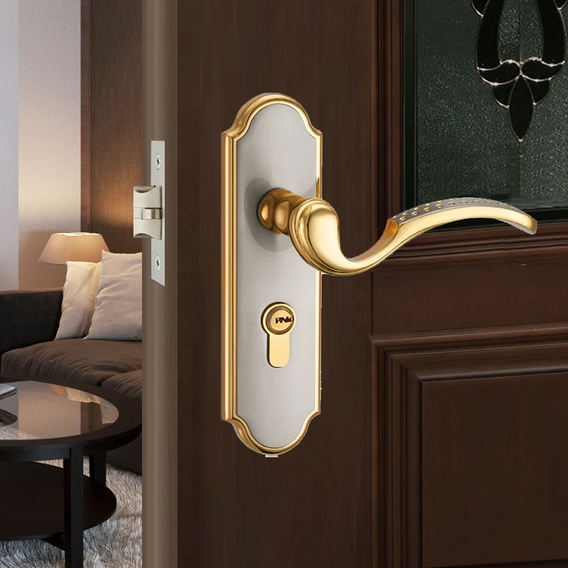 Golden bedroom door lock, household wooden door, universal indoor door handle with key, zinc alloy panel hole spacing F140