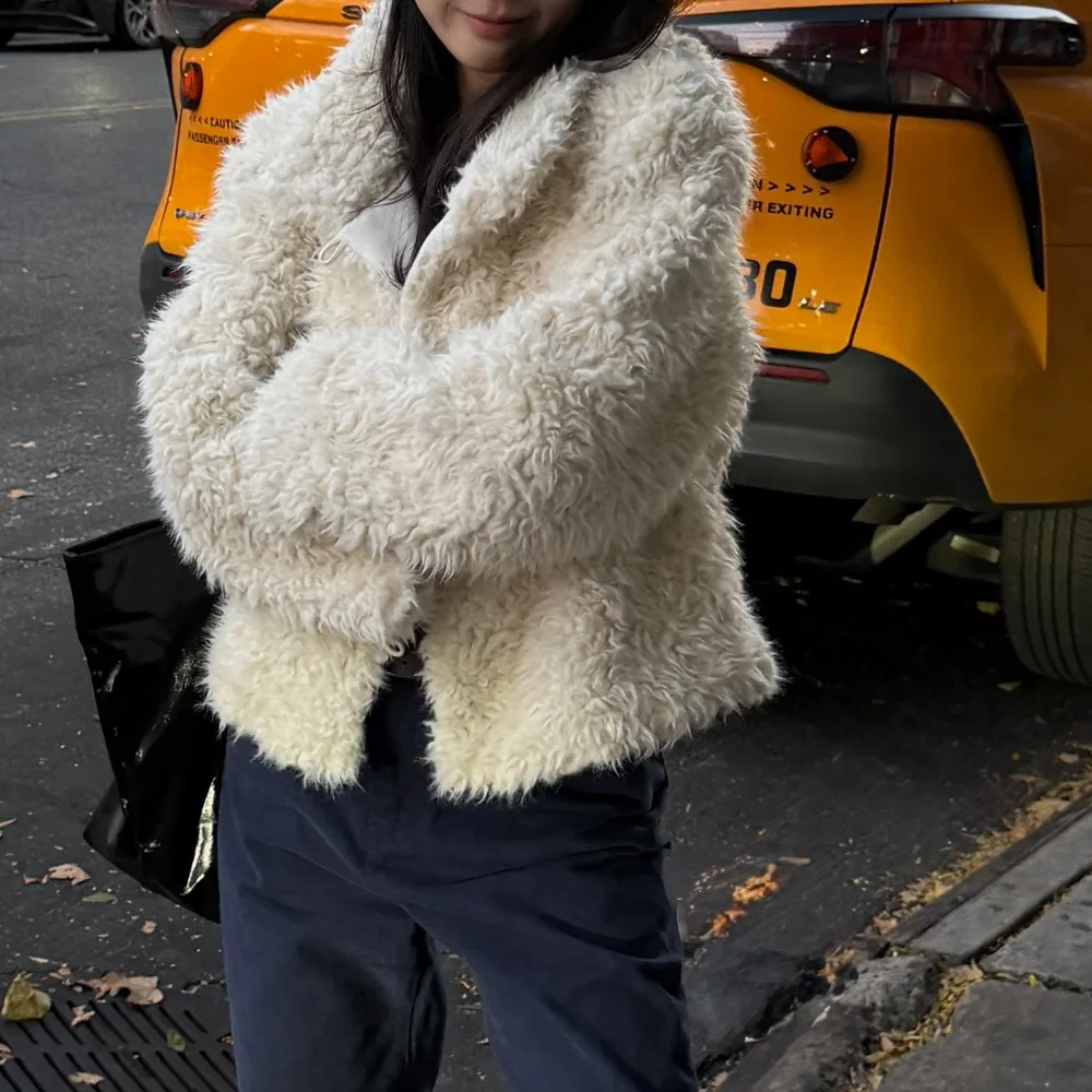 Abrigo elegante de cuero PU para mujer con empalme de lana calidez Otoño Invierno nuevo Sle alta calidad piel sintética Top viaje Sle