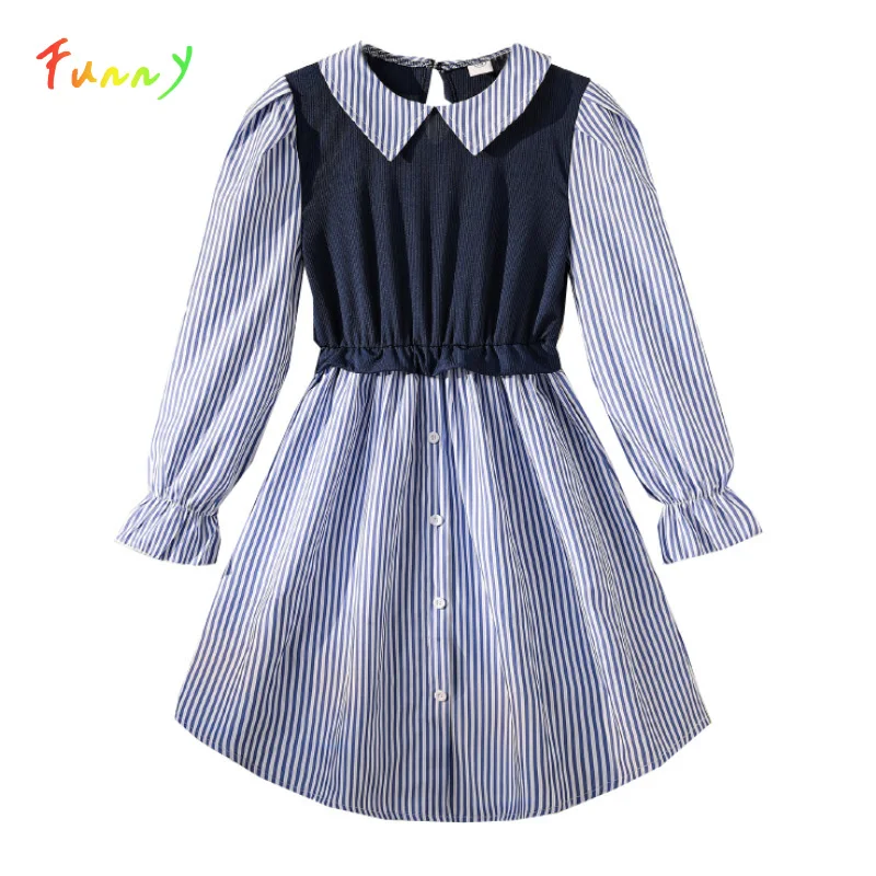 

Striped Button Casual Girls Dress Long Sleeve Lapel Fake Two Pieces Patchwork Shirts Dresses Autumn Kids Girls Clothes 8-12 Year