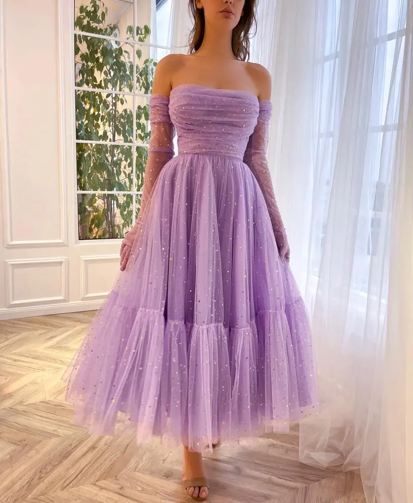 

Strapless A-Line Prom Dresses Tulle Sleeveless with Pleats Little Star Simple Party Dress Women Lilac Tea-Length Evening Gowns