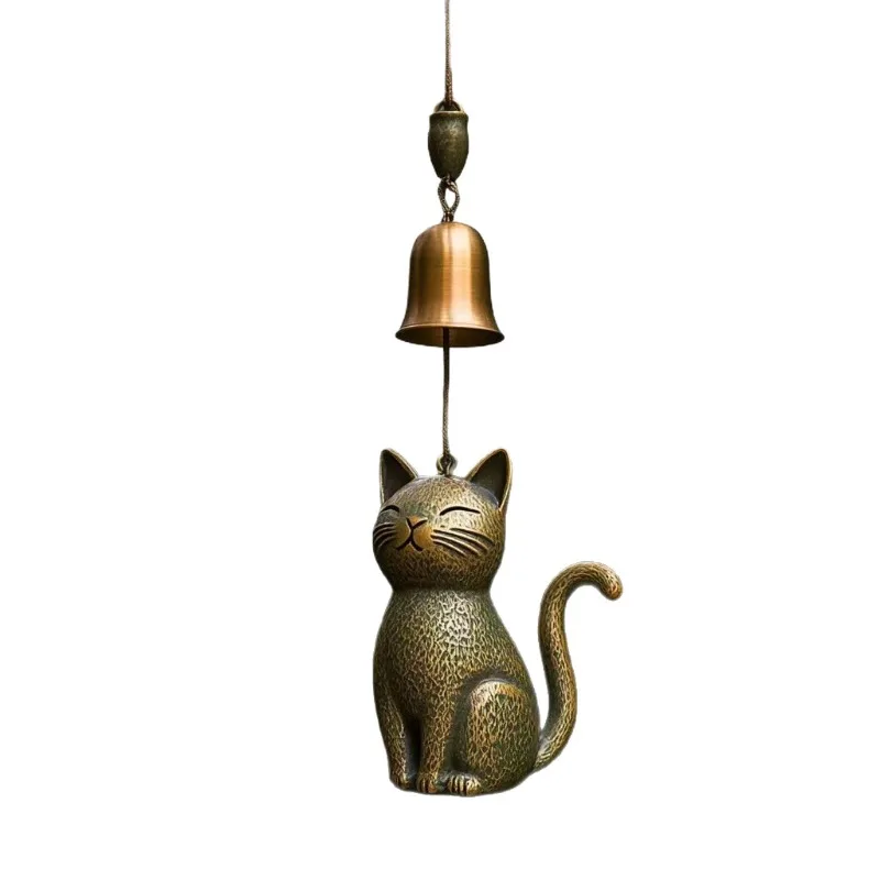 Retro Metal Cat Wind Chime Antique Brass Hanging Decoration Waterproof Wind Chime for Home Garden Patio Door Window Decor