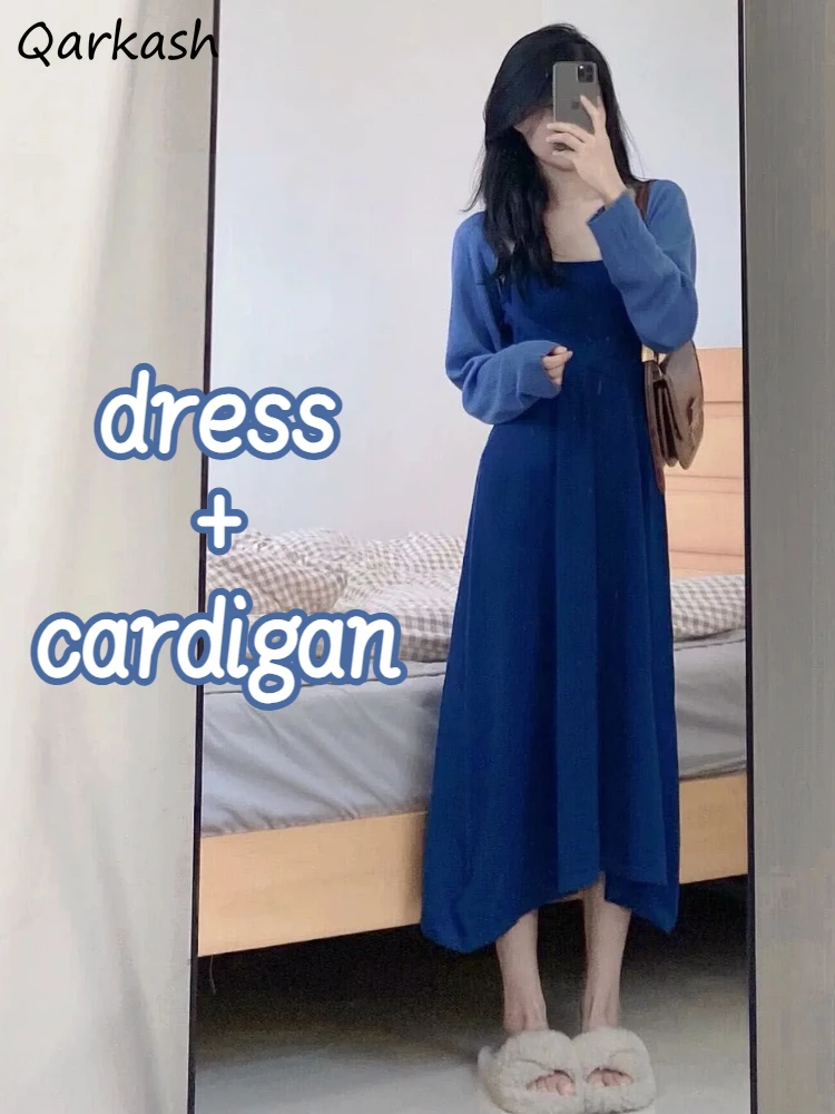 Women Sets Autumn Literary Blue Halter Defined Midi Dress Vintage Leisure Sweet Open Stitch Cardigans Elegant Commuter Outfits