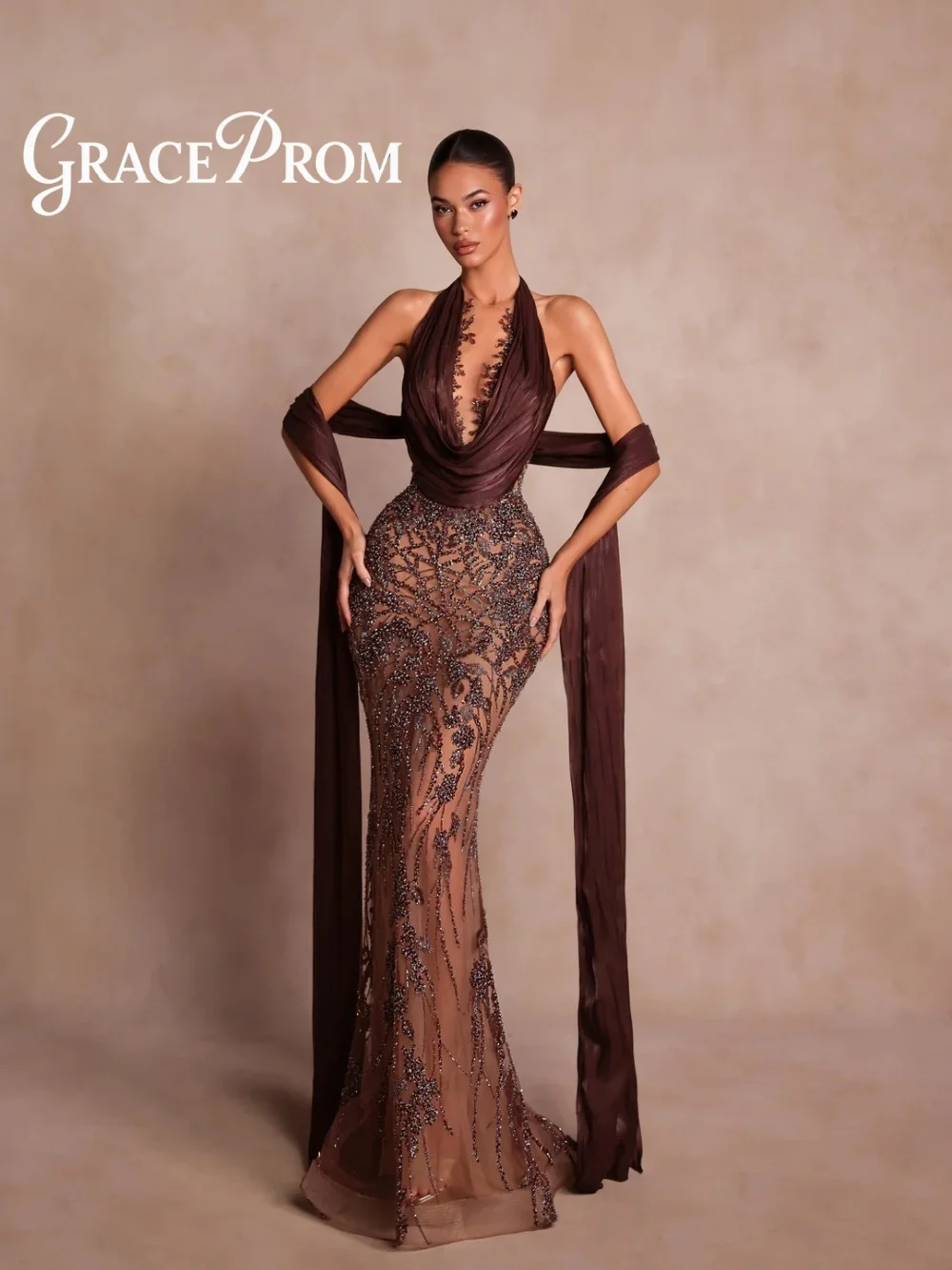 

GraceProm Luxury Brown Evening Dress 2026 Sexy Halter Deep V Neck Hand Beaded Sheer Gown with Draped Satin Sash فساتين سهرة