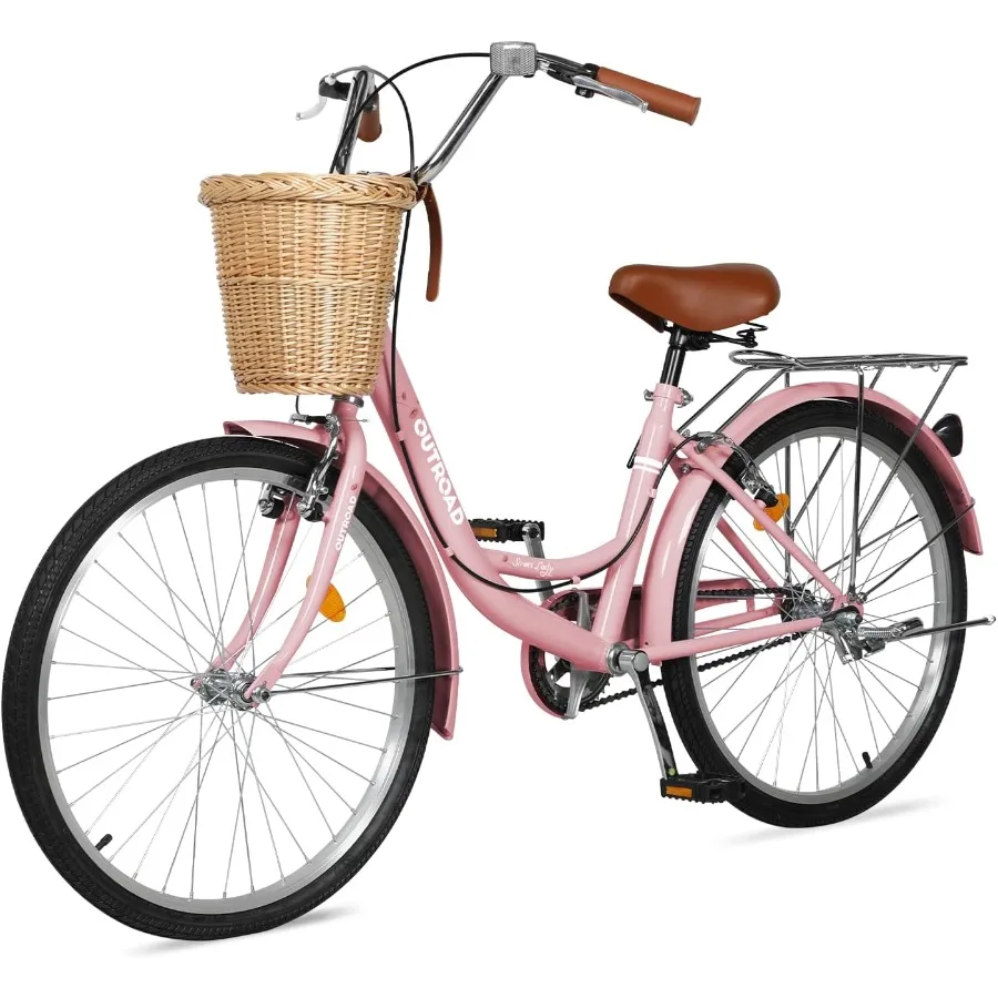 

Beach Cruiser Bike for Women 24 26 Inch Female Commute Bike 1 Speed Women Bicycle with Basket Dual VBrake Adjustable Seat Woman