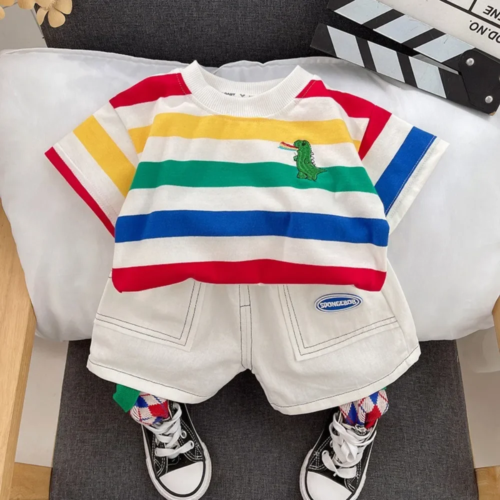 

Colorful Striped Sports Casual Boy Clothes Summer New Dinosaur Embroidery T-shirt+shorts Two-piece Set Korean Version