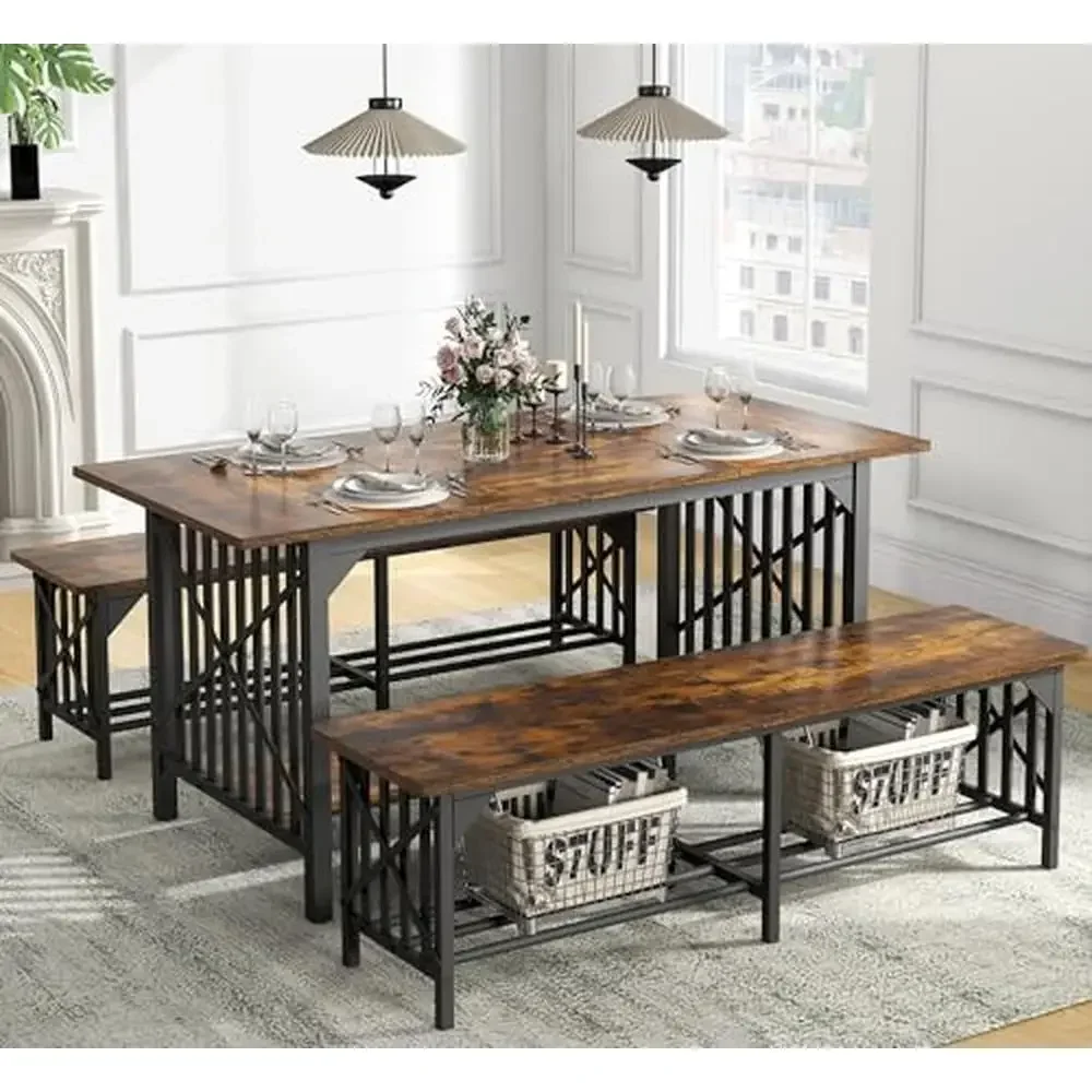 Industrial 3-Piece Dining Table Set with 2 Benches 4-8 People Dual Storage Space Versatile Use Sturdy & Durable Easy Assembly