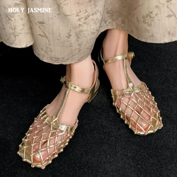 2024 Women's New Summer European and American Comfortable Leather Cowhide Hollow Bird's Nest Low Heel Baotou Roman Sandals