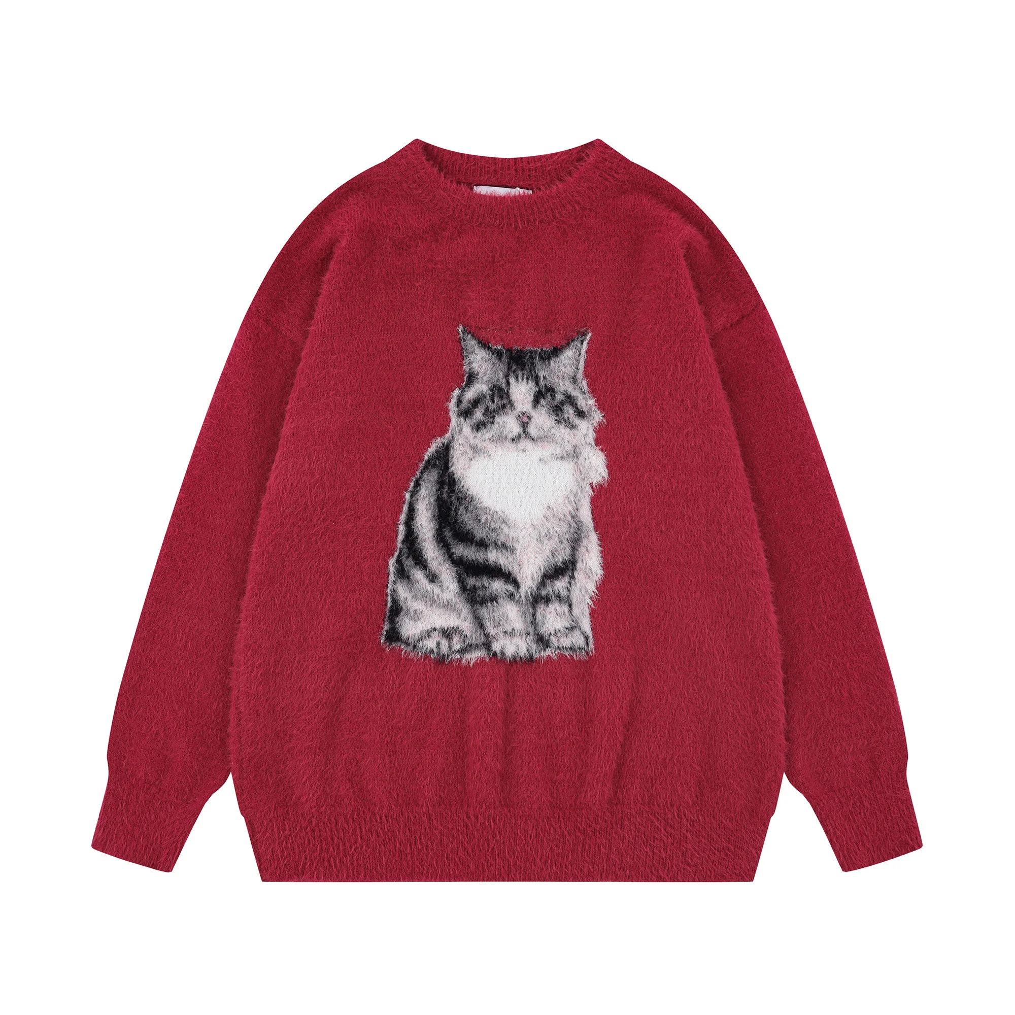 

Вязаный пуловер из меха норки унисекс, нарисованный вручную свитер большого размера с графическим принтом кота, осенне-зимний модный трикотаж для пар