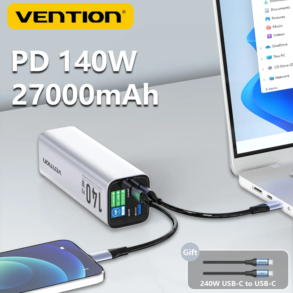 Vention 140W Power Bank 27000mAh Portable Powerbanks for Laptop Fast Charging Auxiliary Battery for iPhone iPad Macbook 16 Pro