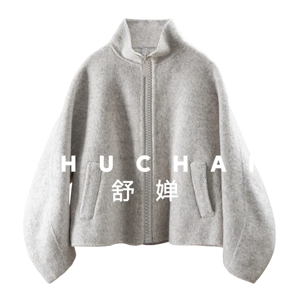 

Horn Sleeves Cashmere Wool Double-sided Woolen Stand-up Collar Short Coat Women's 14J5 Casacos Femininos Inverno