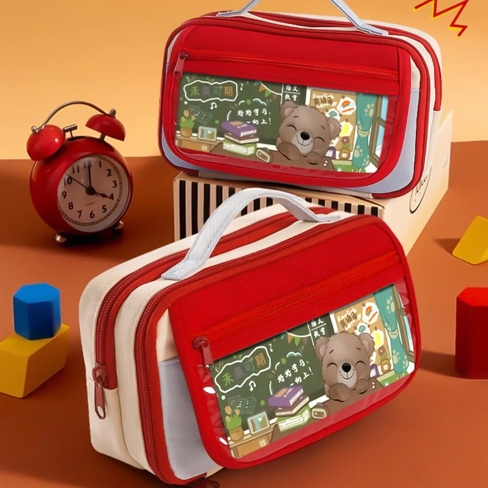 Aesthetic 9 Layers Pencil Case Zipper Bear Large Capacity Pencil Bag Portable with Curriculum Schedule Stationery Storage Bag