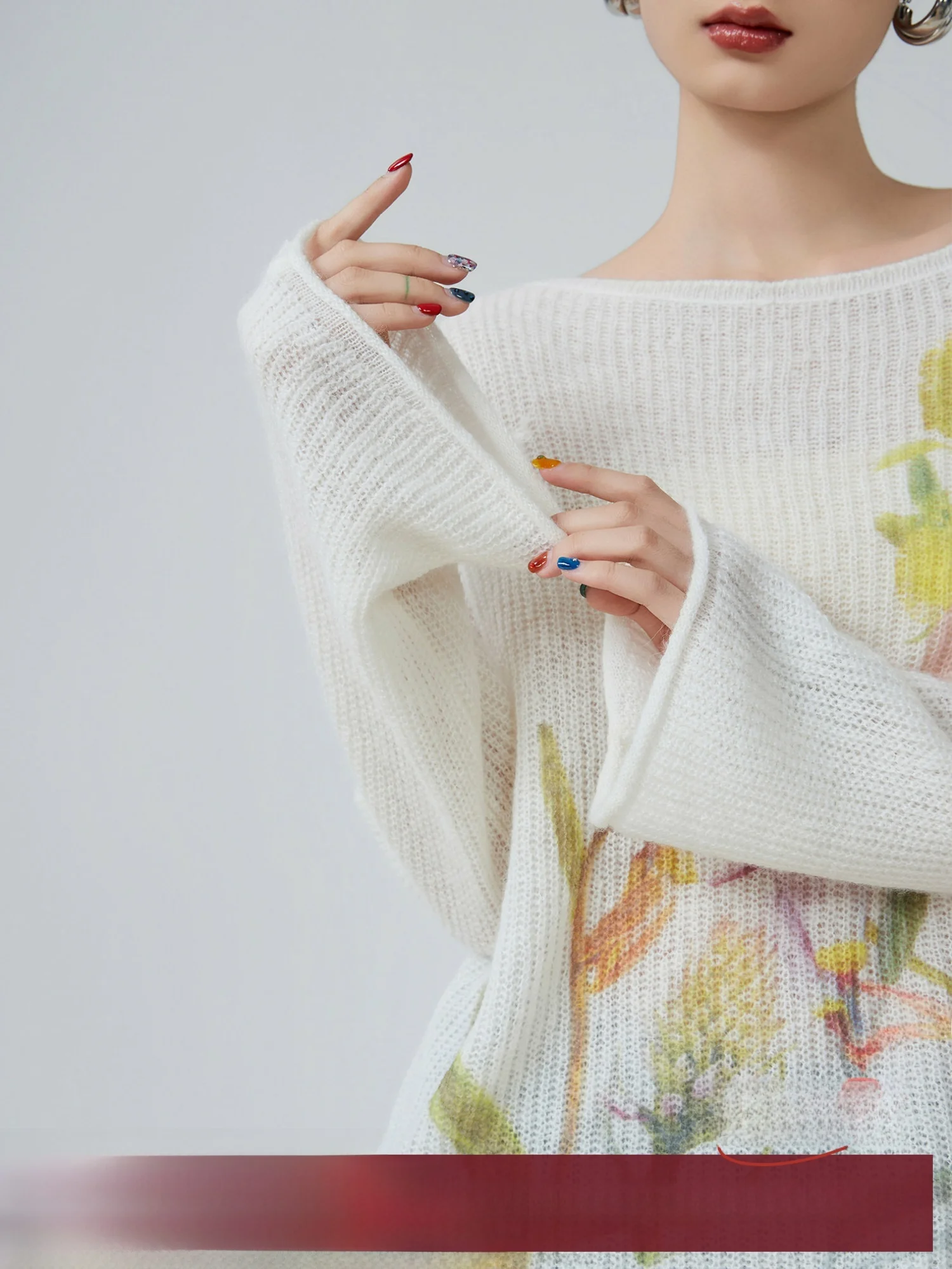 

e White Open-oulder Long Sve Knitted Sweater Women's Loose Lazy Sle Thin Polyester Fiber round Ne Top