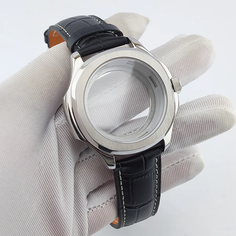 Custodia NH35 custodia impermeabile in vetro zaffiro cinturino in pelle adatta per cassa dell'orologio da 28,5 mm cassa dell'orologio da uomo da 44 mm cassa dell'orologio NH35