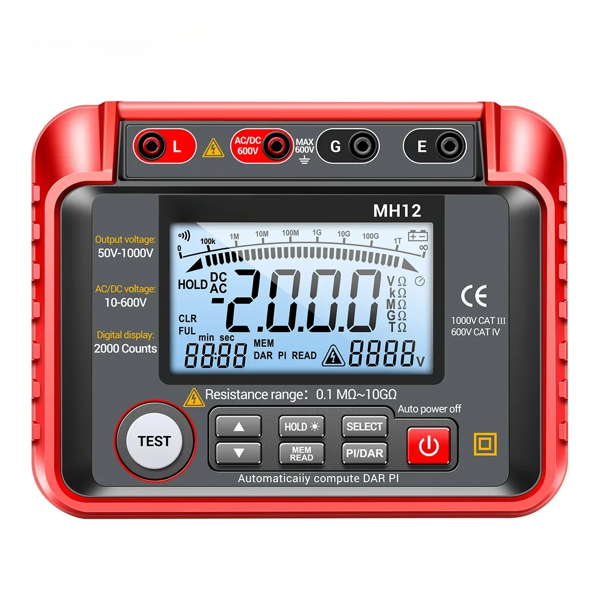 MH12 Insulation Resistance Tester Digital Meter Ohm AC DC Voltage Tester LCD Megohmmeter 2000 Count Voltmeter Tool