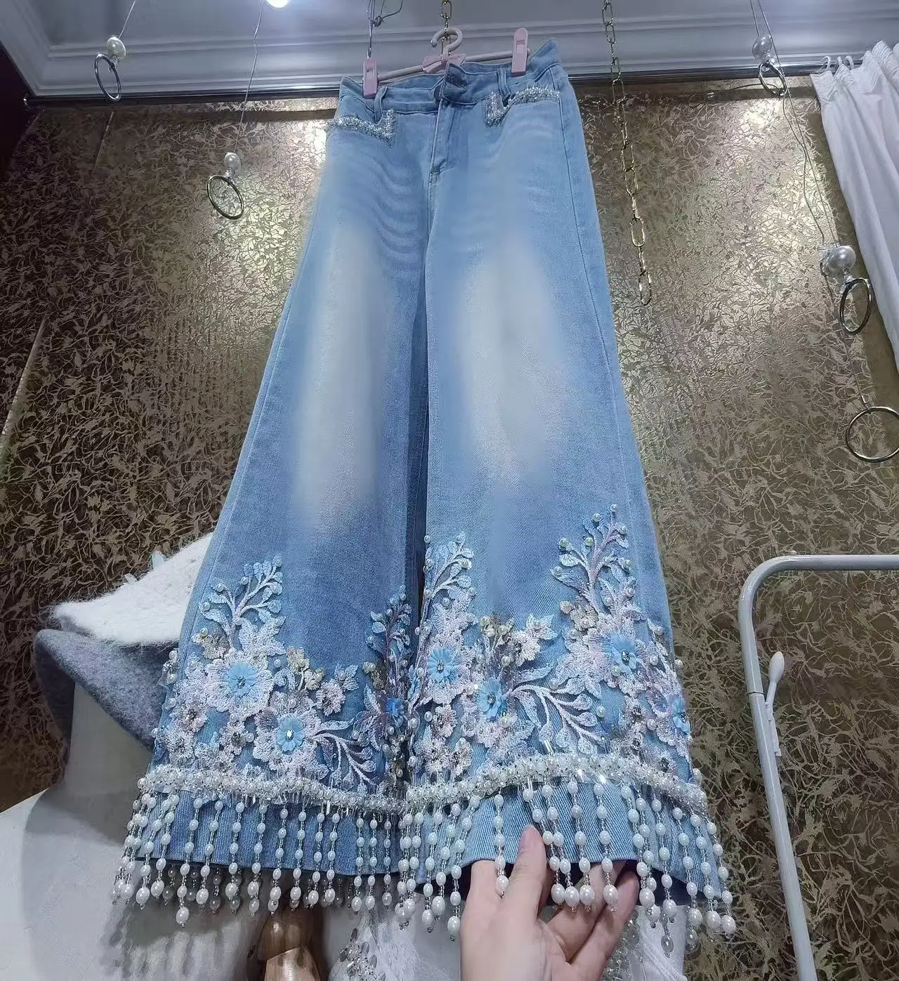 Full Length Women's Denim Pant Luxury Sequins Embroidery Straight Jeans Pants 2026 Autumn Stylish Denim Trousers