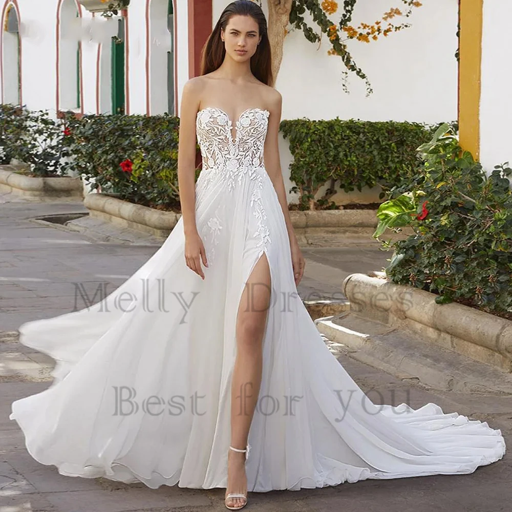 Branco lado fenda vestidos de casamento com chiffon 2025 requintado sem mangas vestidos de noiva feminino verão vestido de novia novo botão volta