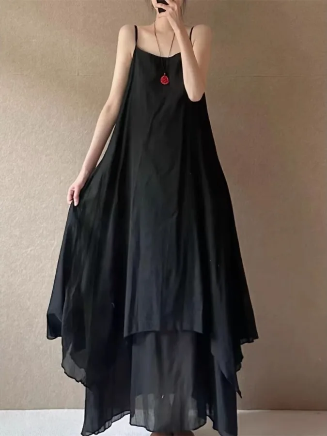Minimalist  Color Long Strap Dress Large Size Women's Uneven Hem Double Layer Drifting Long Dress Casual Summer Cotton