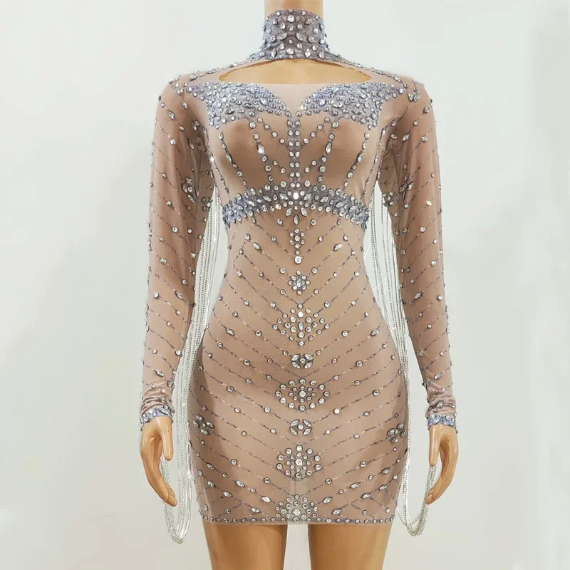 Nowa Sukienka z Frędzlami na Rękawach, Cyrkoniami, Damska Sukienka na Imprezę, Kostium na Świętowanie, Wieczorowa Sukienka na Bal, Strój Sceniczny dla Piosenkarki, na Festiwal, XS7023