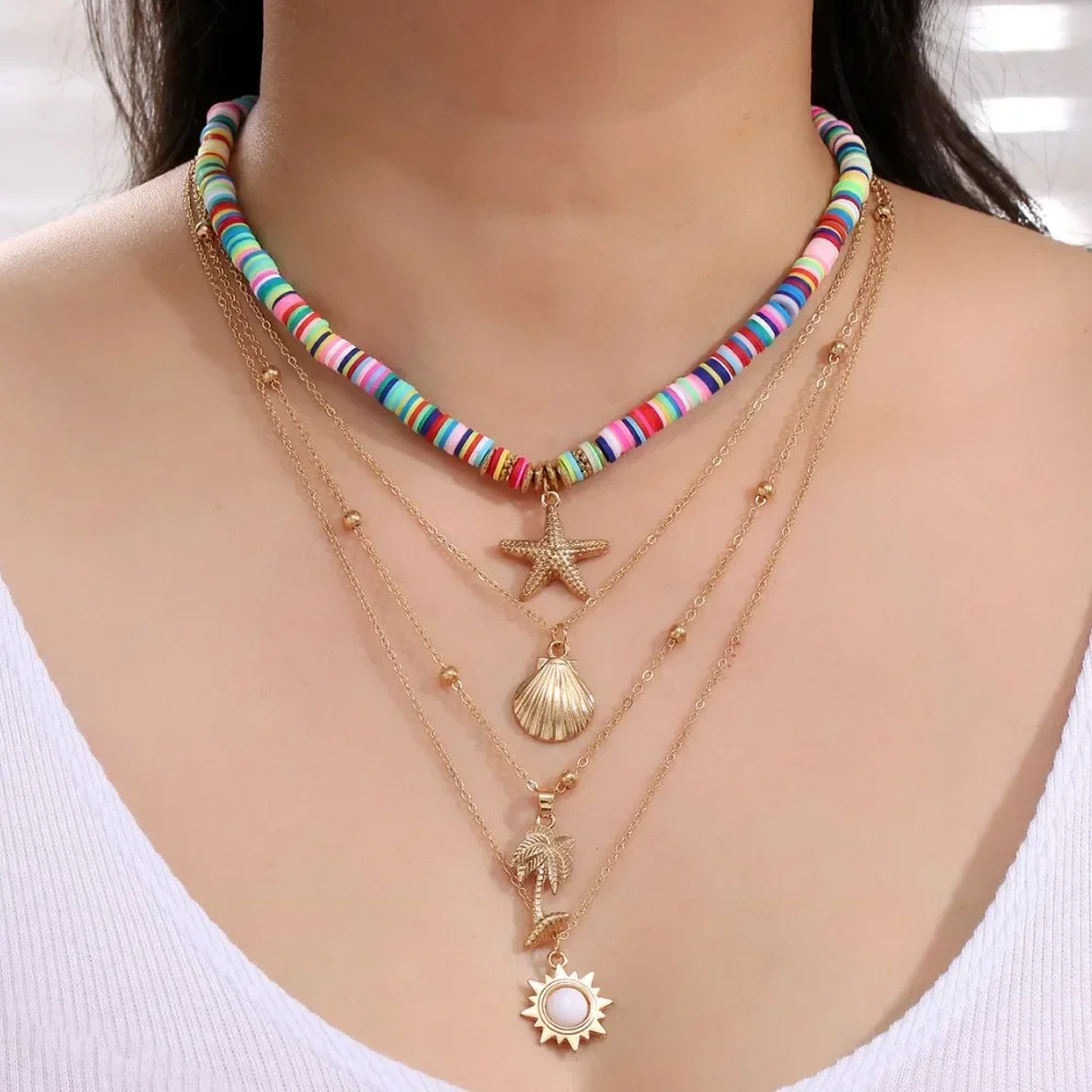 Fashion New Bohemia Soft Clay Shell Star Sun Pendant Chain Layered Necklace for Women Girls Summer Beach Simple Layered Necklace