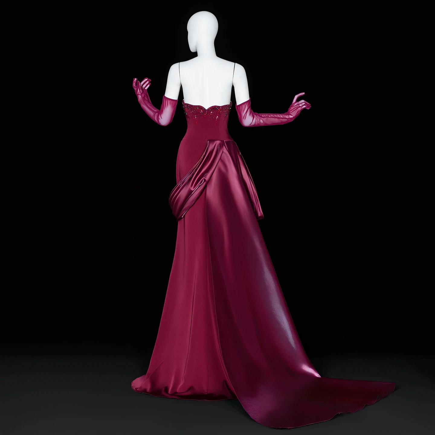 Sharon Said Dubai Weinrotes trägerloses Meerjungfrauen-Abendkleid mit Perlen und Quasten aus Satin mit Handschuhen, formelles Ballkleid für Damen SS608, maßgeschneidert – Detail 19