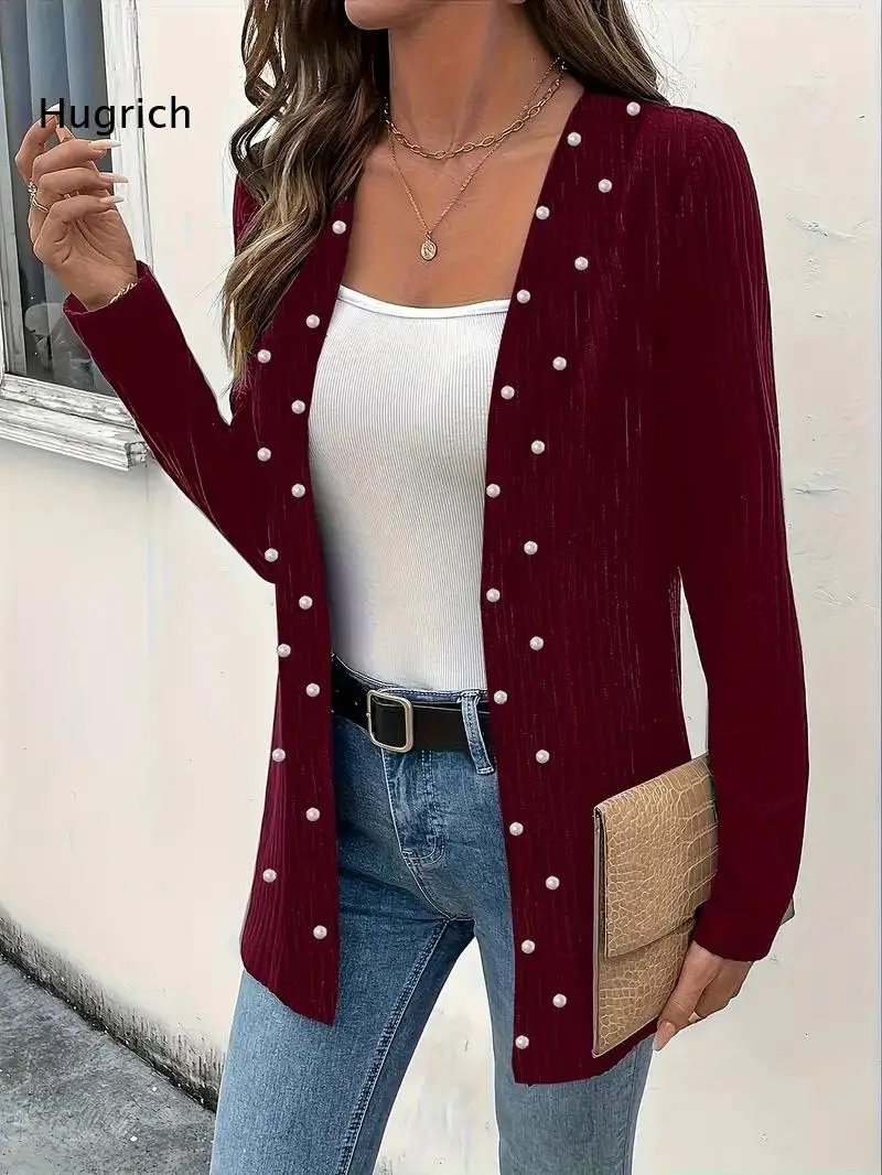 Women's Pearl Embellished Ribbed Knit Cardigan Sweater Long Sleeve Open Front Casual Outerwear Top with Pocket Detail