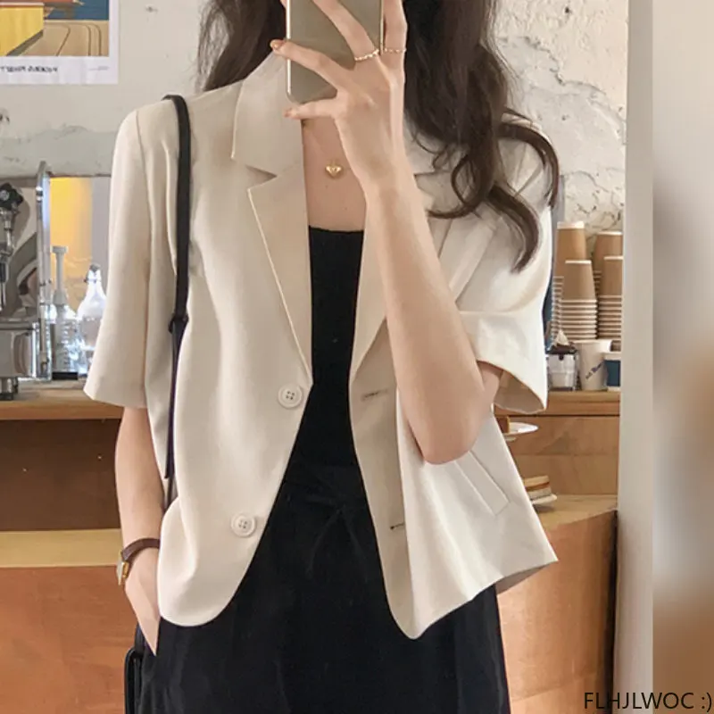 

2023 Chic Korea Design Korea Style High Street Womens Fashion Cute Elegant Office Lady Button Notched Short Coats Blazer Jackets