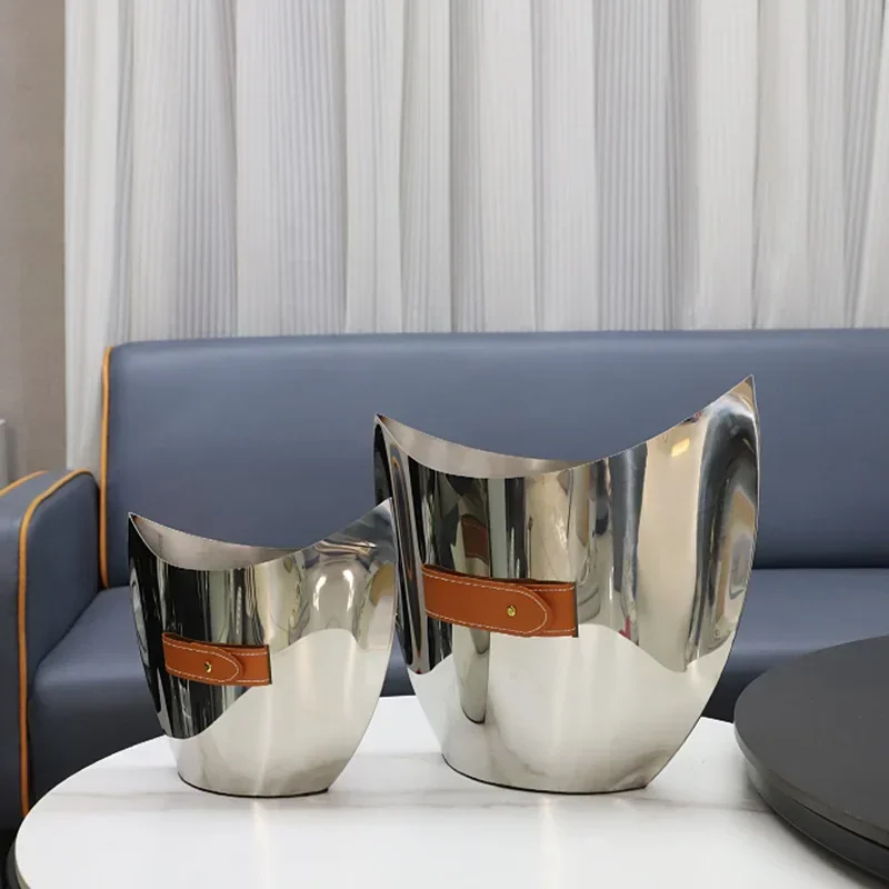 Bent Rustproof Steel Vase, Silver Metal Leather Ice Bucket, Household Ornament, Dining Table Living Room Decor