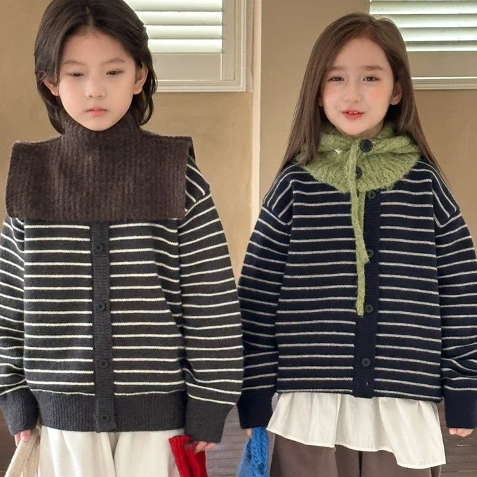 Sweater 2026 Autumn And Winter New Childrens Clothing Korean Style Boys And Girls Fashion Stripe False Two Thickened Sweater