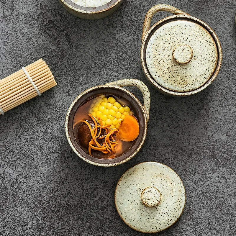 Ceramic Water-proof Stewing Cup Japanese-style Coarse Pottery Stew Pot with Lid Retro Steamed Egg Soup Cup Restaurant Kitchen