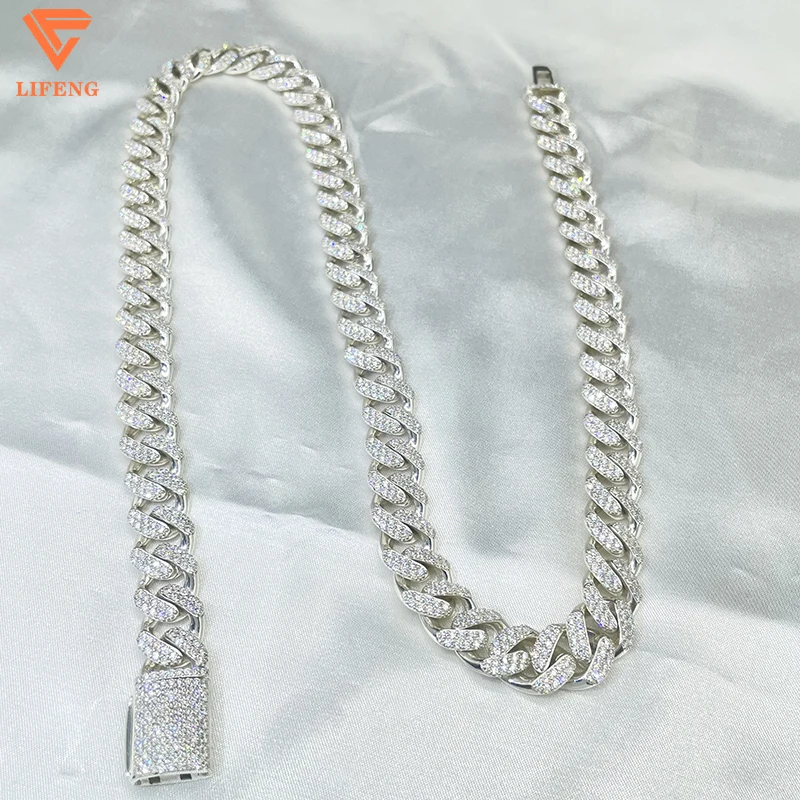 Lifeng jewelry Hip Hop 10mm Iced Out VVS Moissanite Cuban Link Chain 925 Silver Jewelry Necklace For Men