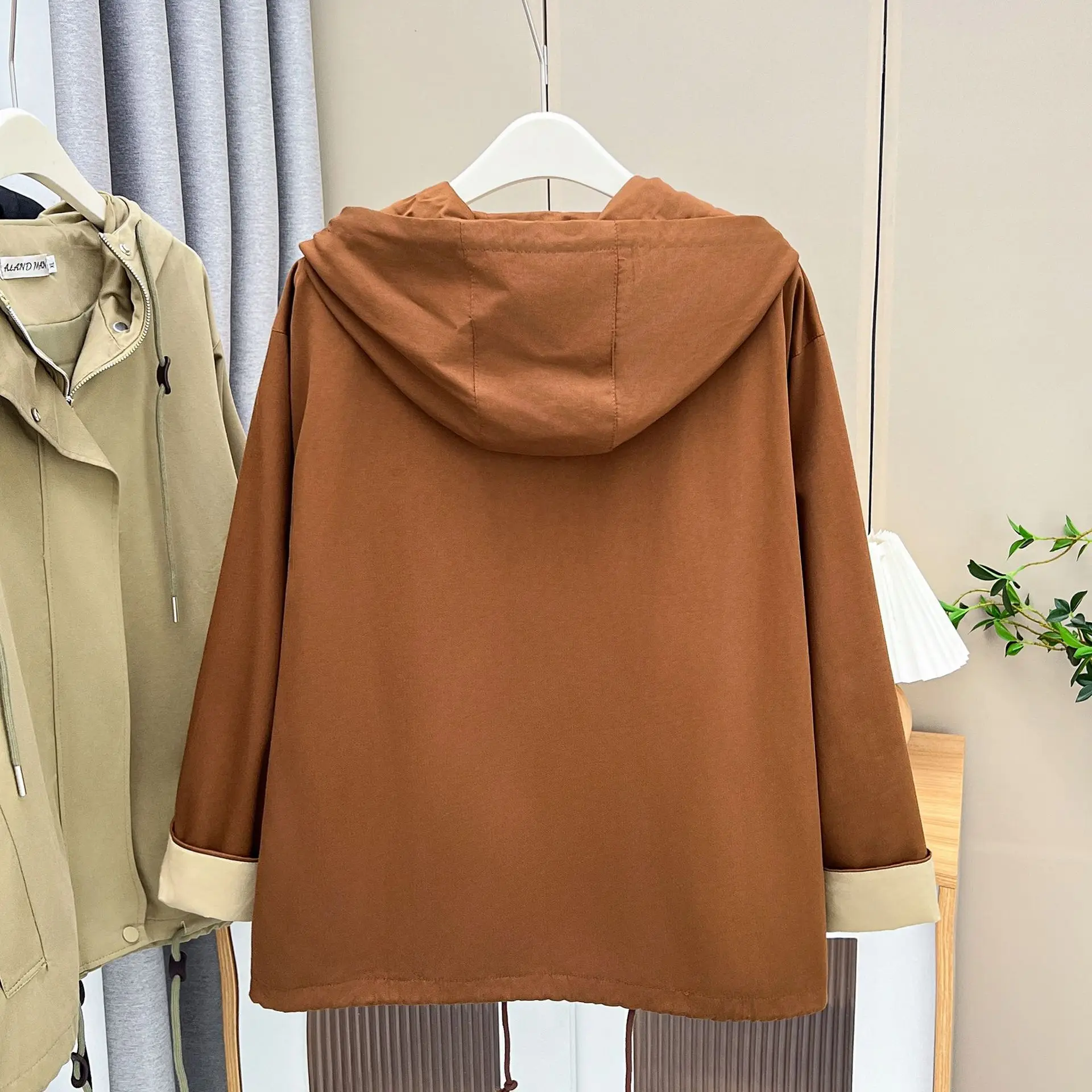 Womens Plus Size Jacket Autumn Casual Clothing Fashion Solid Color Hooded Outwear Curve Coats E21 6825