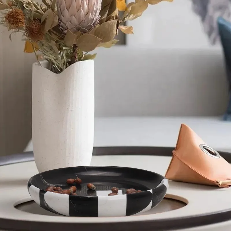 Light Luxury Round Marble Fruit Plate Black White Spliced Decorative Tray, Living Room Home Hotel Sample Room Tabletop Ornament