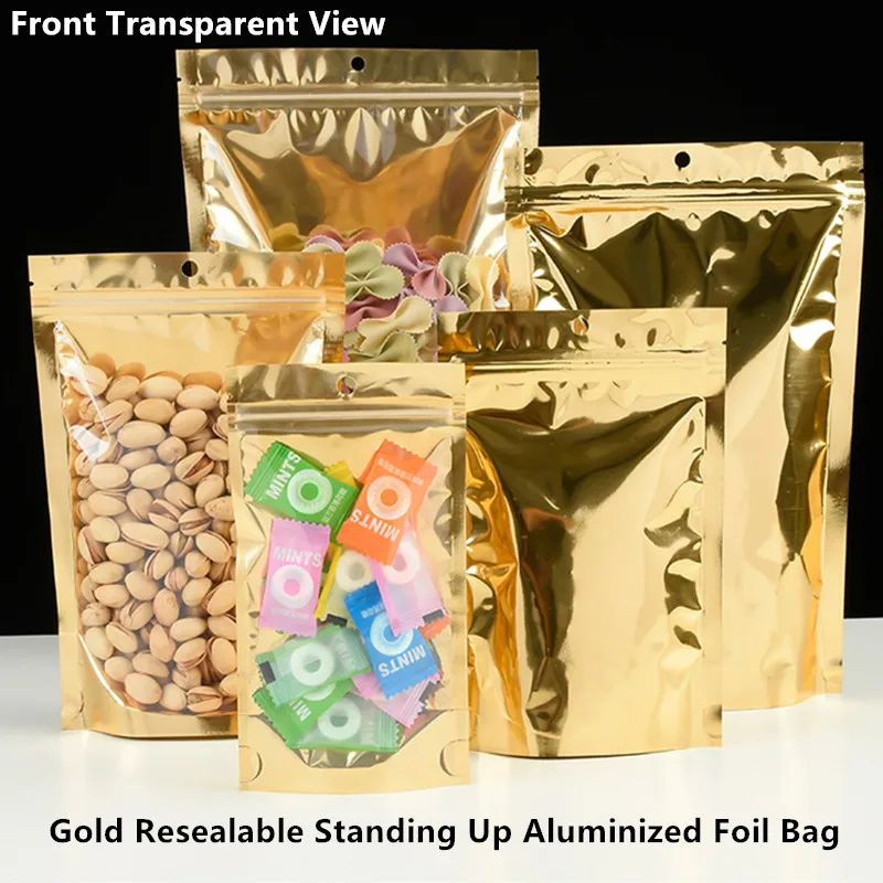 Gold Stand Up Bag - One Side Transparent Zipper Reusable Aluminized Foil Pouch, Self-standing Tea Nuts Snacks Storage Packaging