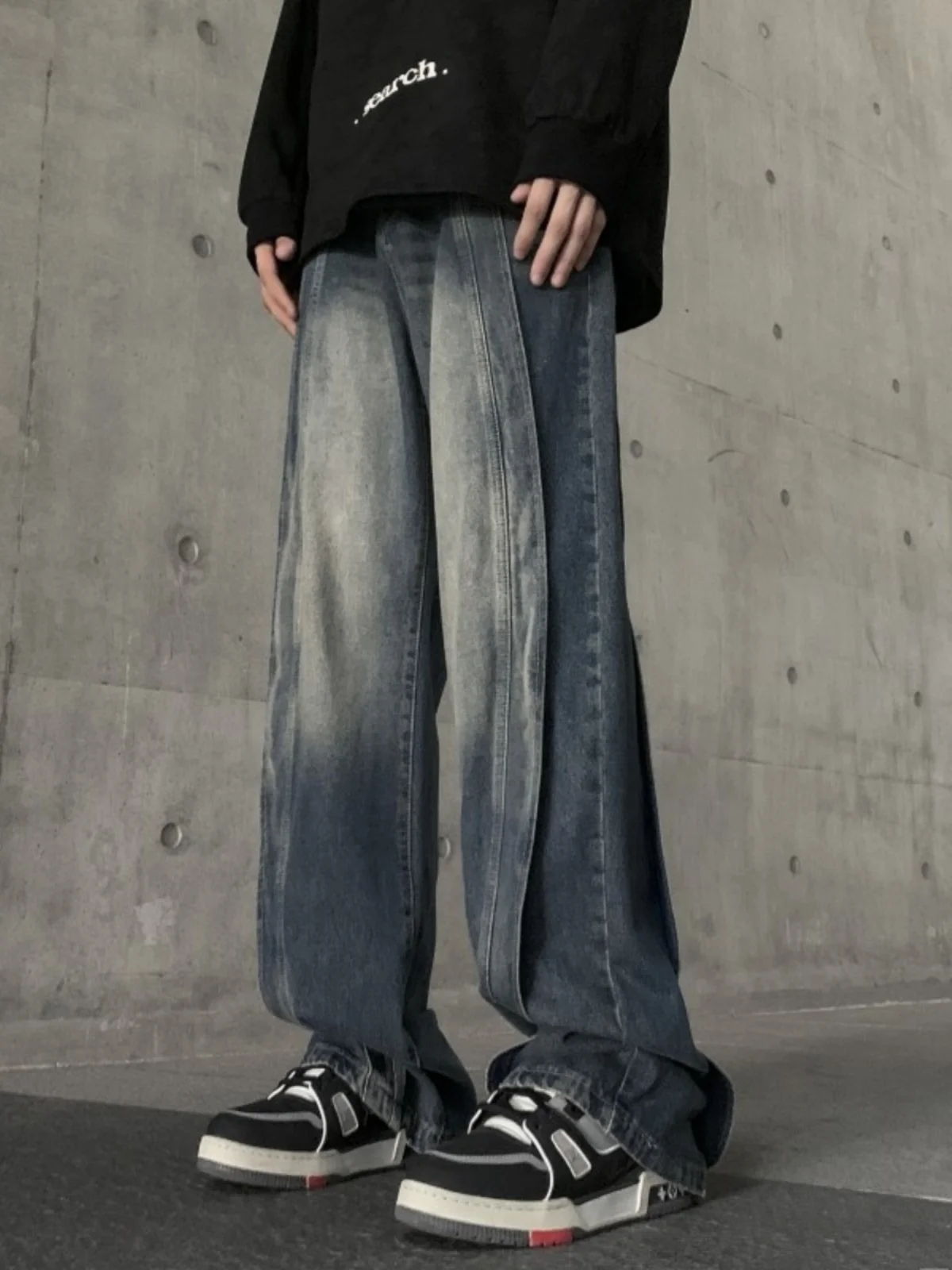 

Retro American High Street Men's Jeans Loose Straight Leg Long Pants Wear Resistant Youth Trendy Blue Denim mid Waist Zipper