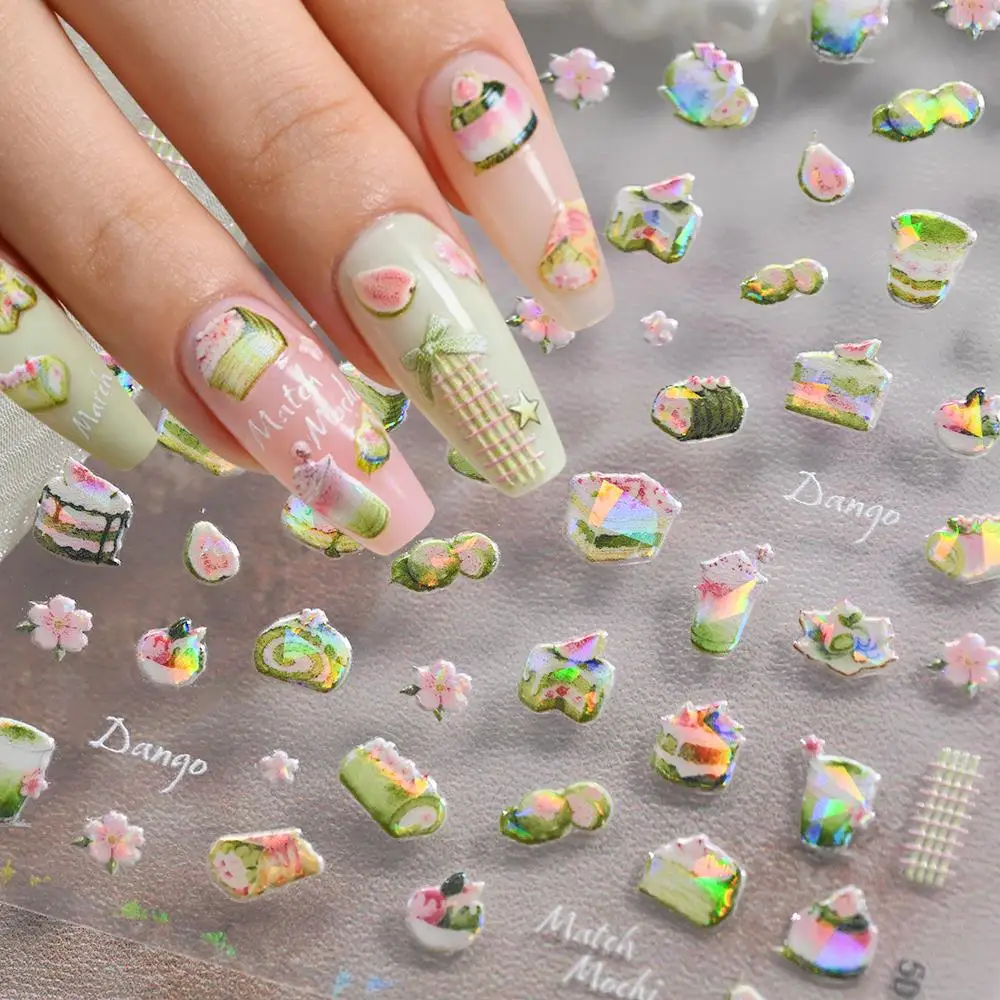 1/2 Piezas Pegatinas de Uñas 5D Rosa con Diseño de Pastel Sakura, Calcomanías Adhesivas Holográficas de Postres Japoneses, Deslizadores de Manicura Matcha Mochi Dango