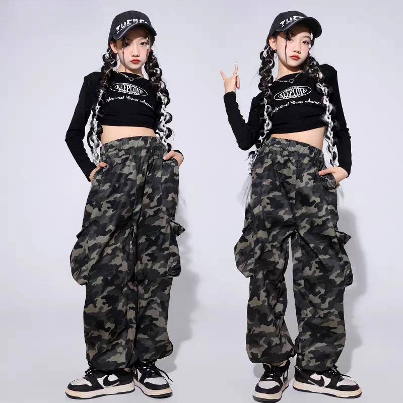 Neue Hip Hop Mädchen Crop Top Camouflage Hosen Kleidung Sets Kinder Street Dance Outfits Kinder Streetwear Jugendliche Jazz Kostüme