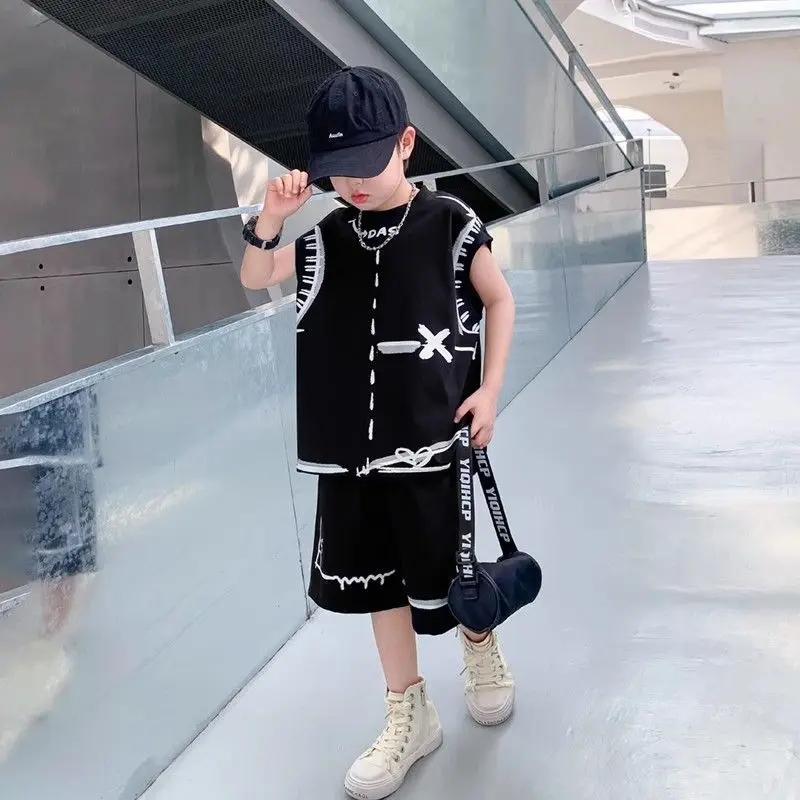 Boys' Sets T-shirt Shorts Two Pieces Summer Suits 2024 New Street Fashion Korea Graffiti Tank Top Sleeveless Children's Sets