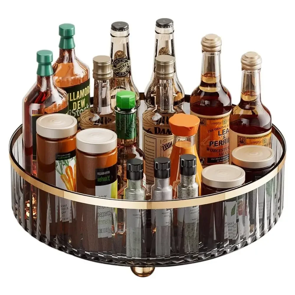 1PC Grey round Plastic Clear Rotating Storage Container Bin for Cabinet Pantry Kitchen Countertop And Refrigerator